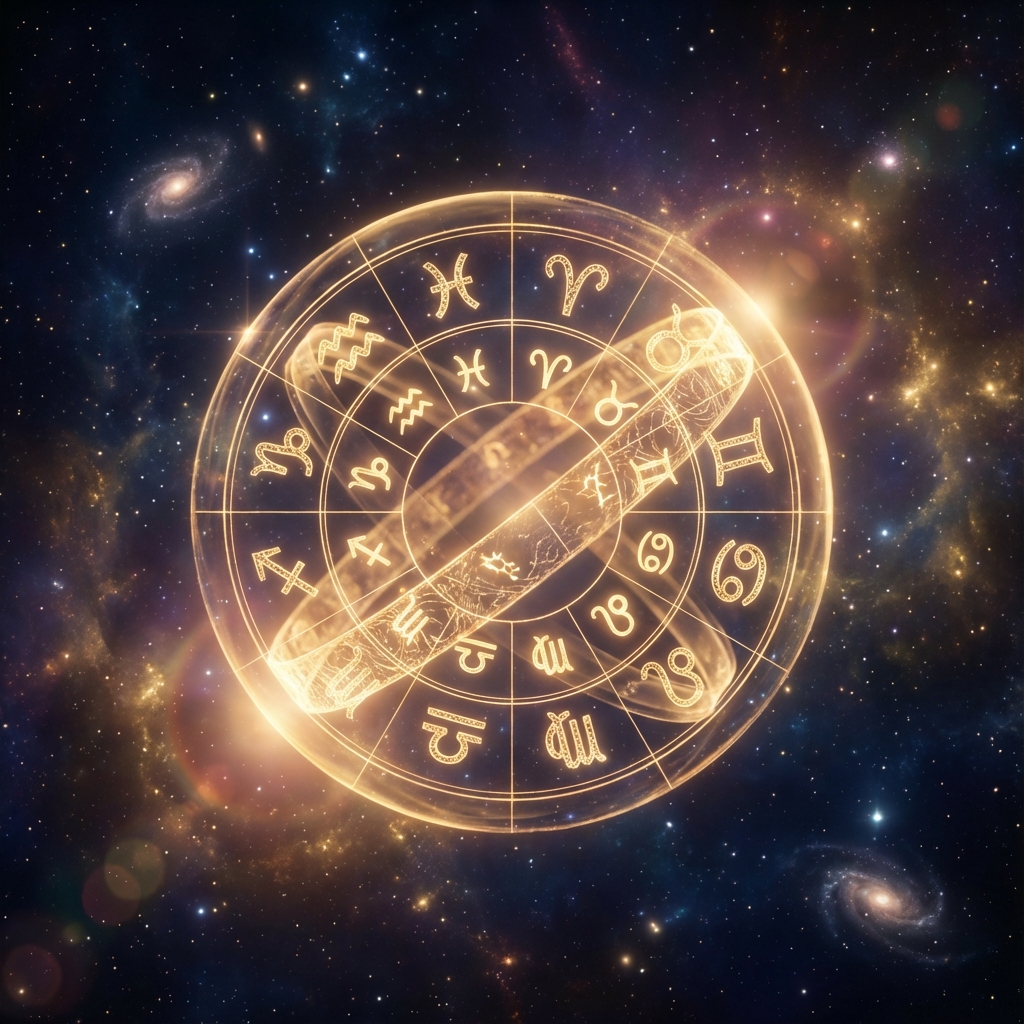 Artistic representation of a birth chart with glowing zodiac symbols