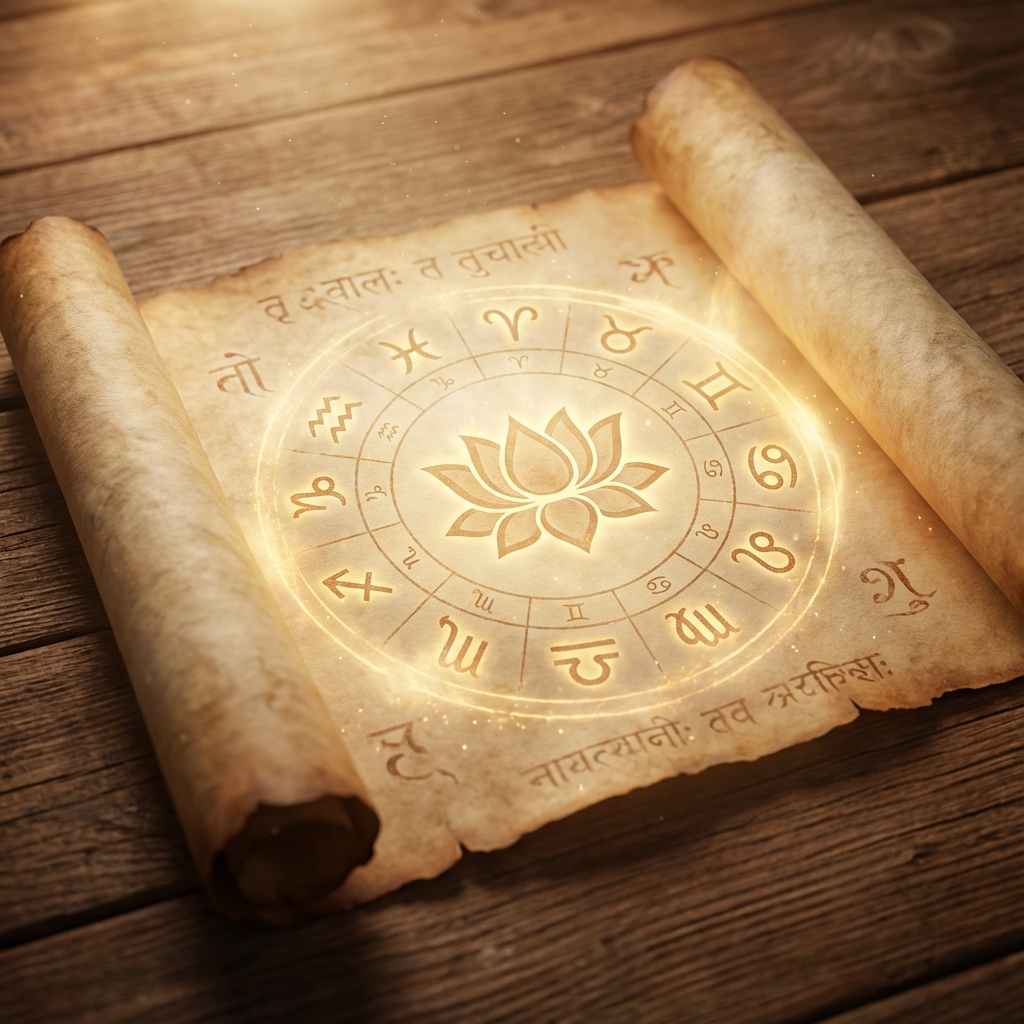 Ancient Vedic astrology scroll with sacred symbols